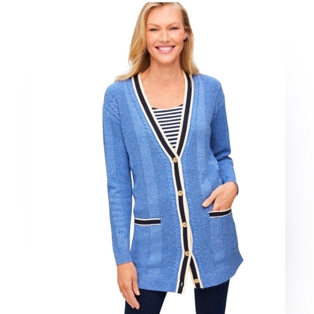 Talbots Iris Blue Cable Knit Tipped‎ Girlfriend Cardigan Sweater Size L Preppy